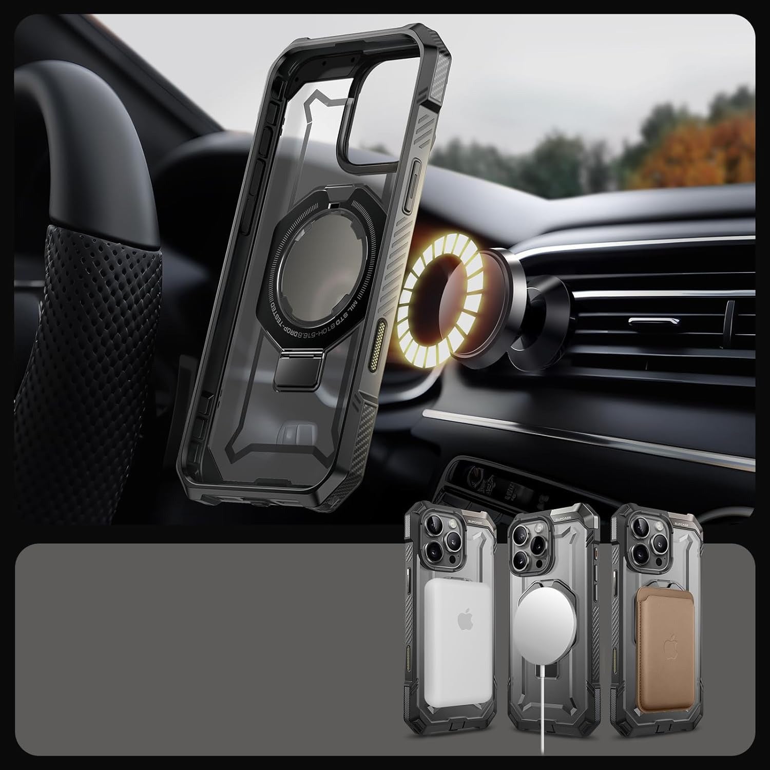 Handyhülle für iPhone 16 Pro Max, Supcase UB Grip Mag mit MagSafe (CC), Grau-Transparent