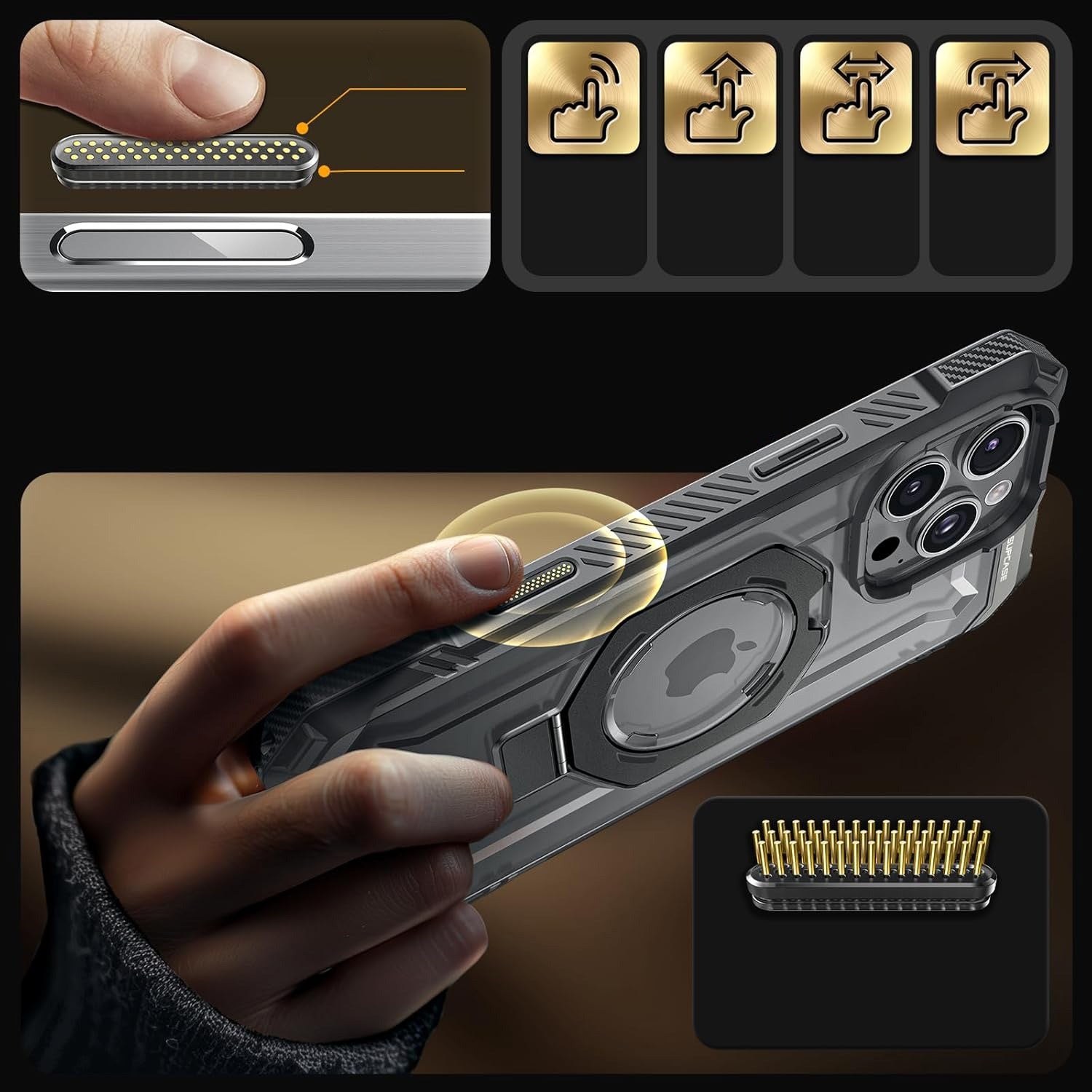 Handyhülle für iPhone 16 Pro Max, Supcase UB Grip Mag mit MagSafe (CC), Grau-Transparent