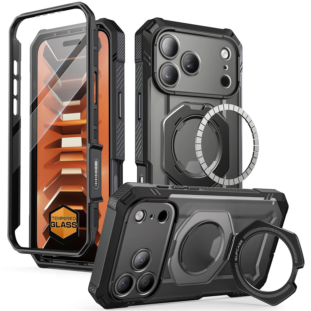 Handyhülle + Glas 9H für iPhone 18 Pro Max / 17 Pro Max, Supcase UB Grip Pro Mag SPG (CC) mit MagSafe, Transparent-Schwarz (1/12)