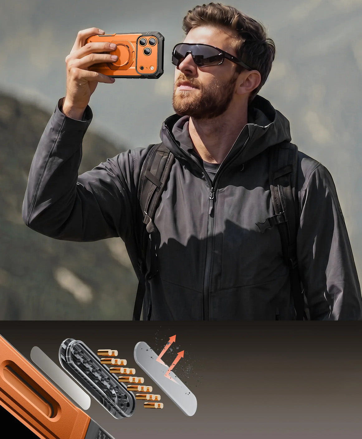 Handyhülle + Glas 9H für iPhone 18 Pro Max / 17 Pro Max, Supcase UB Grip Pro Mag SPG (CC) mit MagSafe, Grau-Transparent-Orange (5/12)
