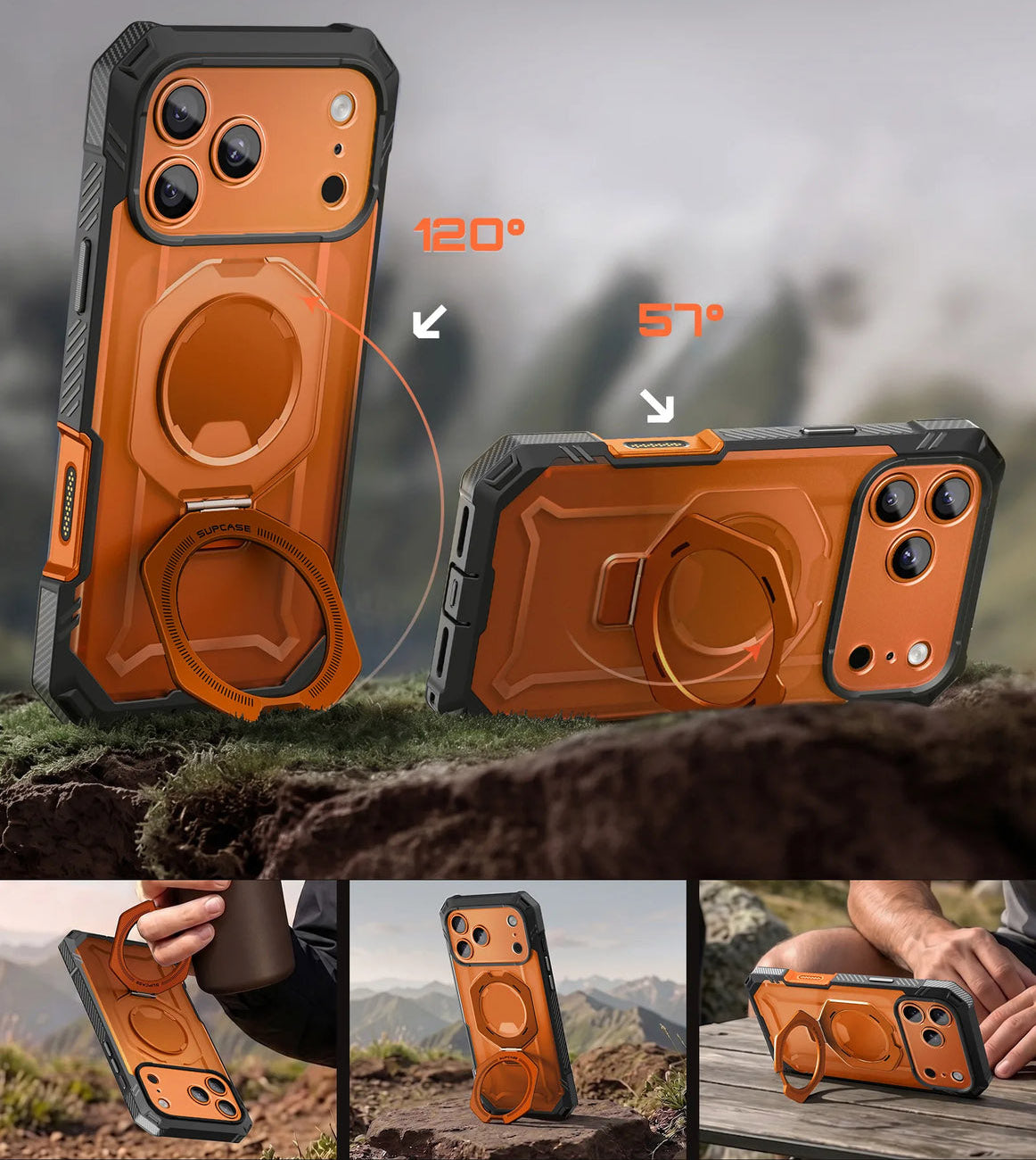 Handyhülle + Glas 9H für iPhone 18 Pro Max / 17 Pro Max, Supcase UB Grip Pro Mag SPG (CC) mit MagSafe, Grau-Transparent-Orange (7/12)