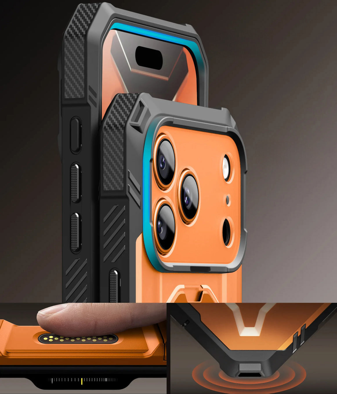 Handyhülle + Glas 9H für iPhone 18 Pro Max / 17 Pro Max, Supcase UB Grip Pro Mag SPG (CC) mit MagSafe, Grau-Transparent-Orange (9/12)