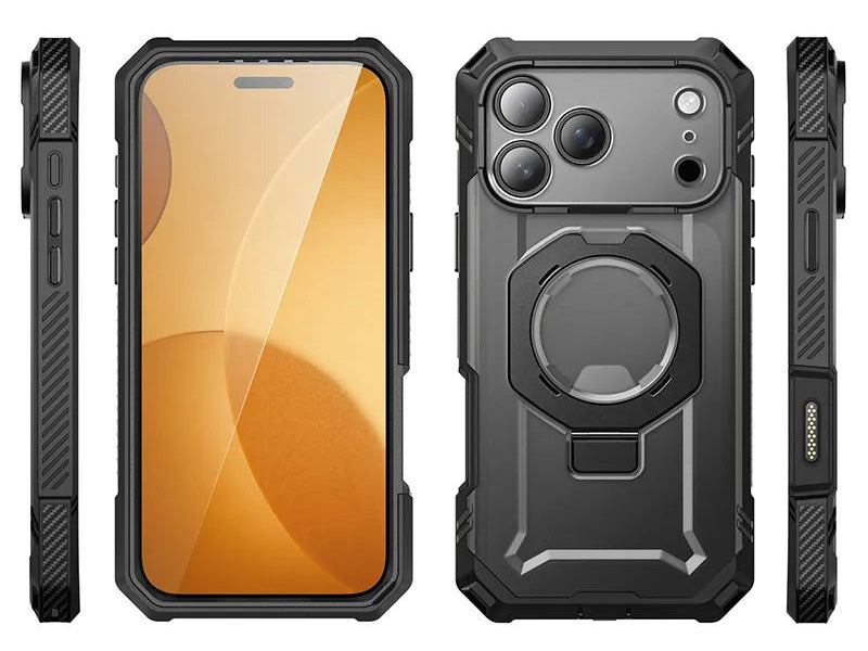 Handyhülle + Glas 9H für iPhone 17 Pro, Supcase UB Grip Pro Mag SPG (CC) mit MagSafe, Schwarz-Transparent