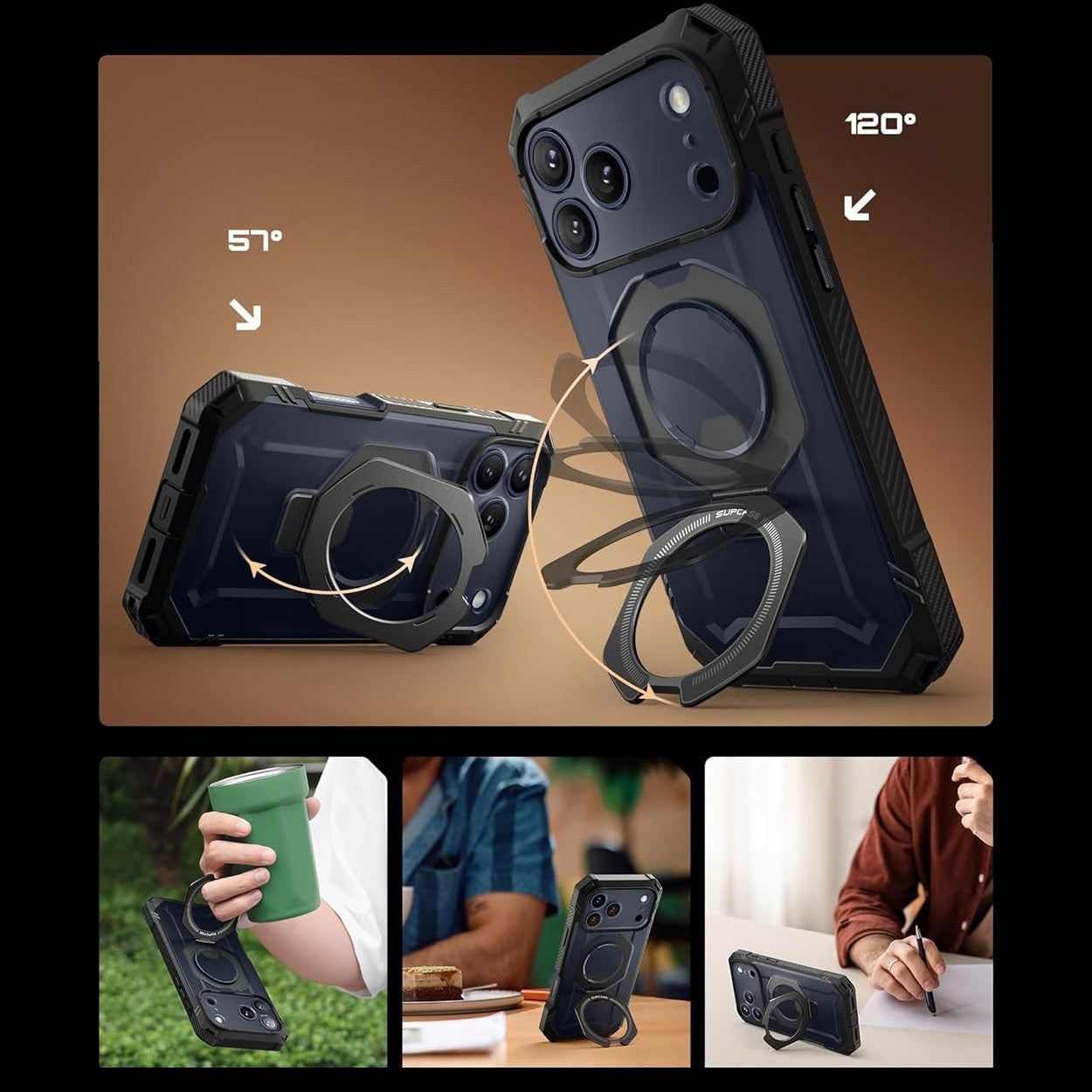 Handyhülle + Glas 9H für iPhone 17 Pro, Supcase UB Grip Pro Mag SPG (CC) mit MagSafe, Schwarz-Transparent