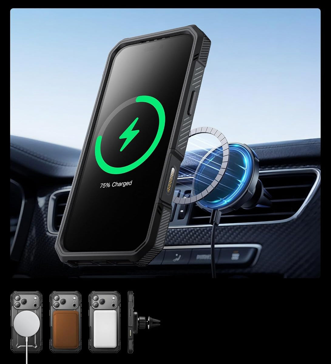 Handyhülle + Glas 9H für iPhone 17 Pro, Supcase UB Grip Pro Mag SPG (CC) mit MagSafe, Schwarz-Transparent