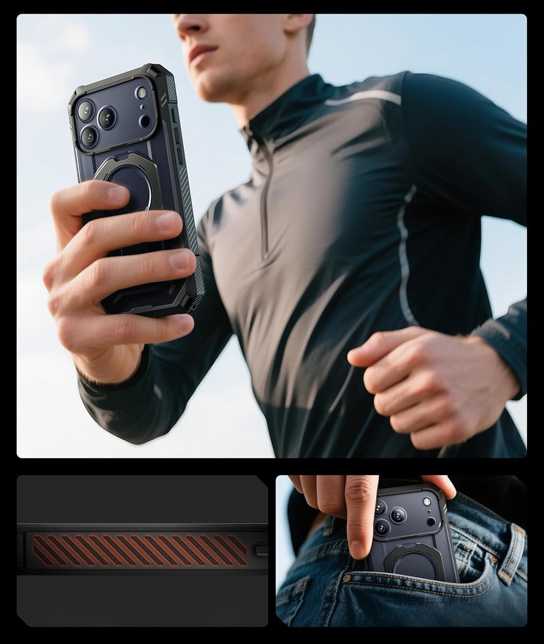 Handyhülle + Glas 9H für iPhone 17 Pro, Supcase UB Grip Pro Mag SPG (CC) mit MagSafe, Schwarz-Transparent