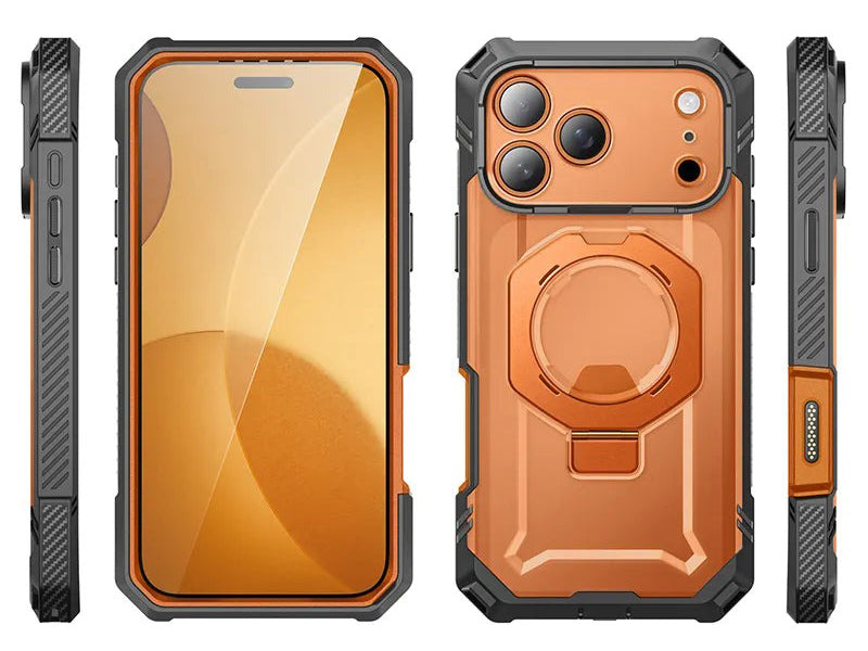 Handyhülle + Glas 9H für iPhone 17 Pro, Supcase UB Grip Pro Mag SPG (CC) mit MagSafe, Grau-Transparent-Orange