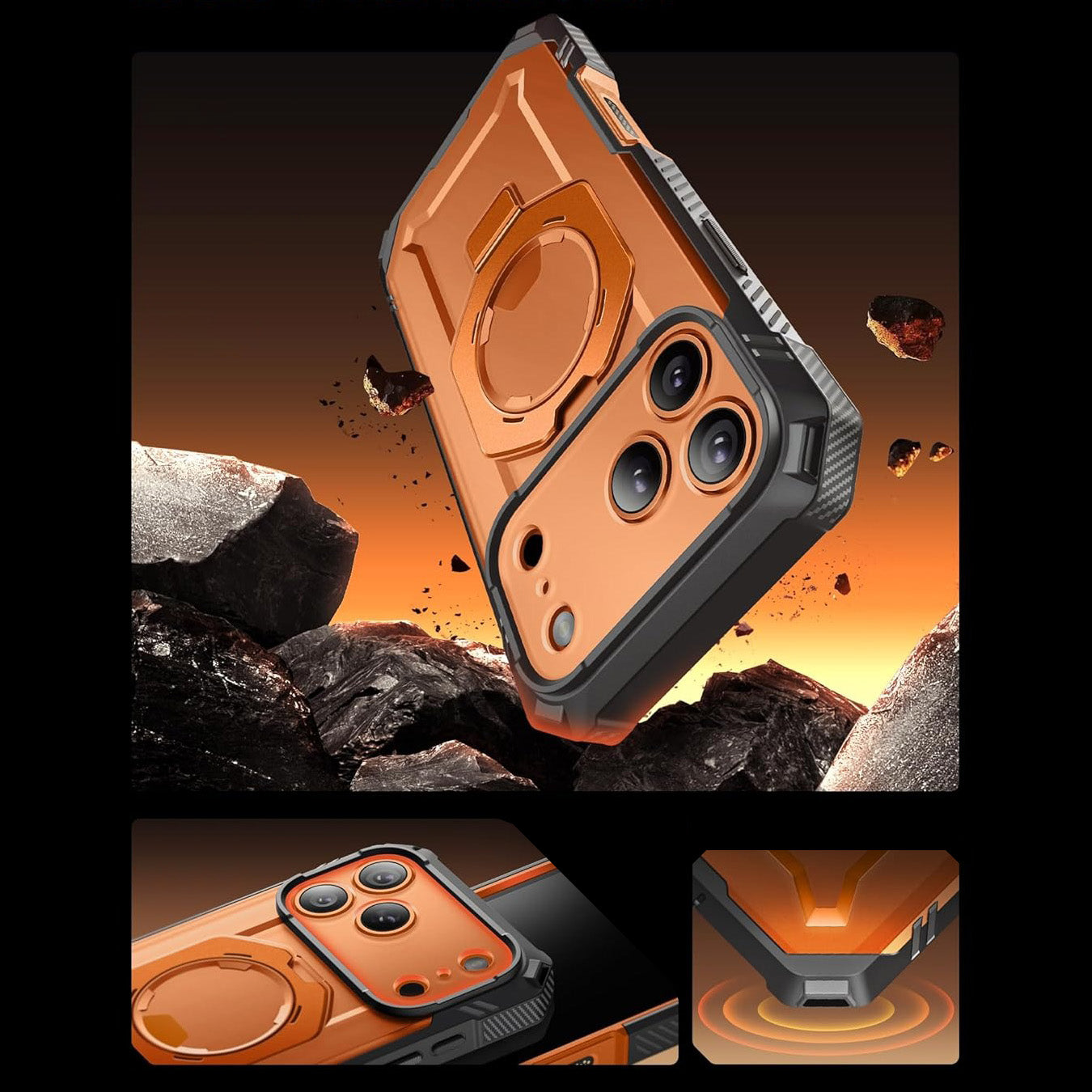 Handyhülle + Glas 9H für iPhone 17 Pro, Supcase UB Grip Pro Mag SPG (CC) mit MagSafe, Grau-Transparent-Orange