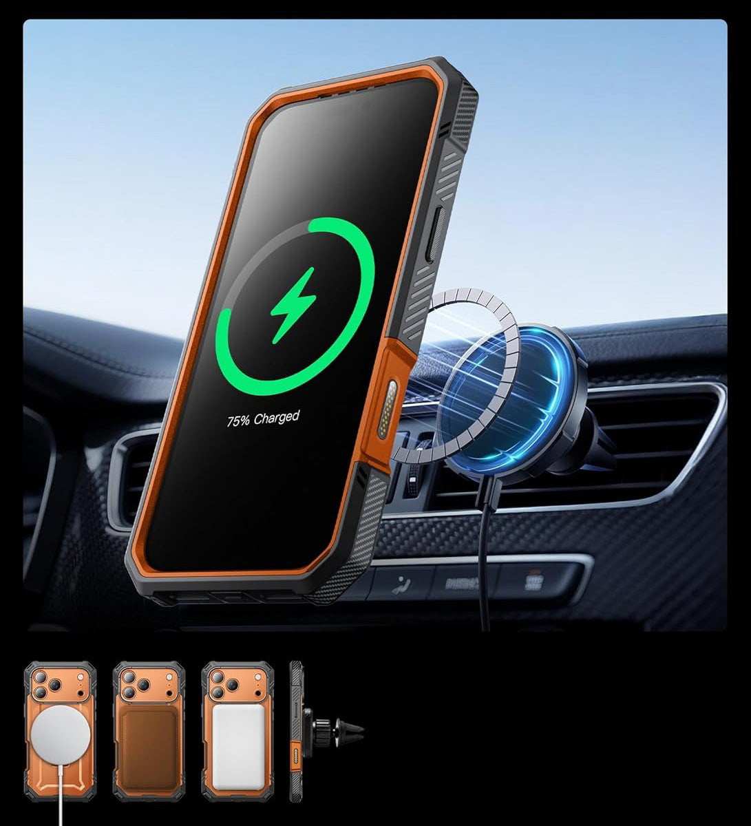 Handyhülle + Glas 9H für iPhone 17 Pro, Supcase UB Grip Pro Mag SPG (CC) mit MagSafe, Grau-Transparent-Orange