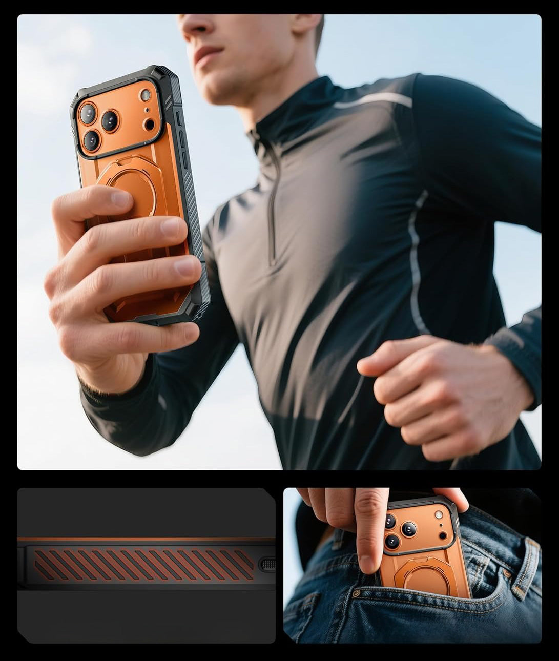 Handyhülle + Glas 9H für iPhone 17 Pro, Supcase UB Grip Pro Mag SPG (CC) mit MagSafe, Grau-Transparent-Orange