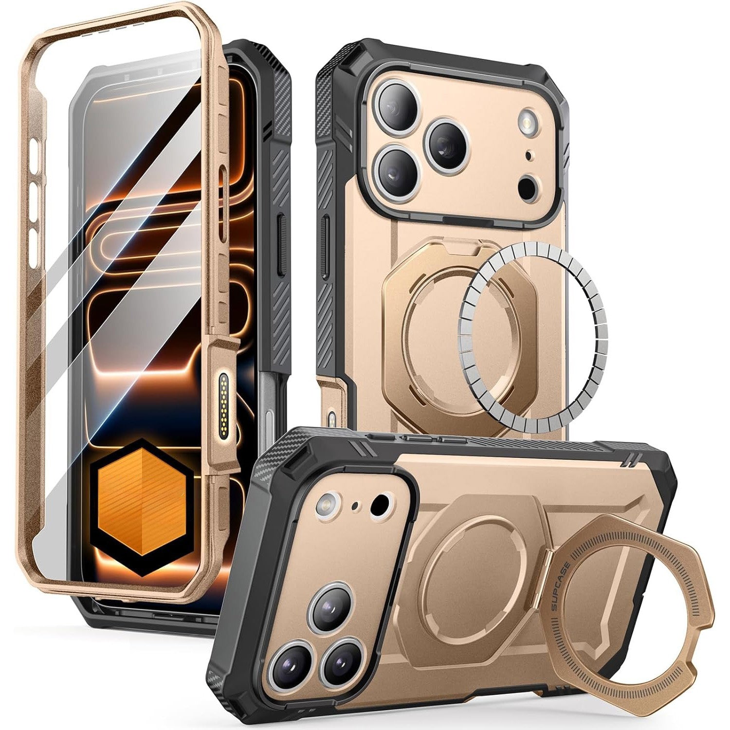 Handyhülle + Glas 9H für iPhone 17 Pro, Supcase UB Grip Pro Mag SPG (CC) mit MagSafe, Grau-Golden