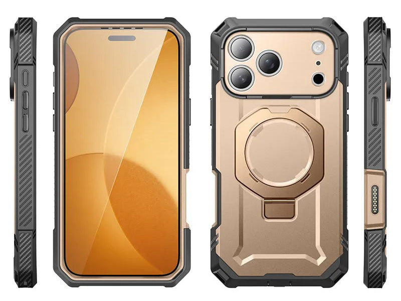 Handyhülle + Glas 9H für iPhone 17 Pro, Supcase UB Grip Pro Mag SPG (CC) mit MagSafe, Grau-Golden