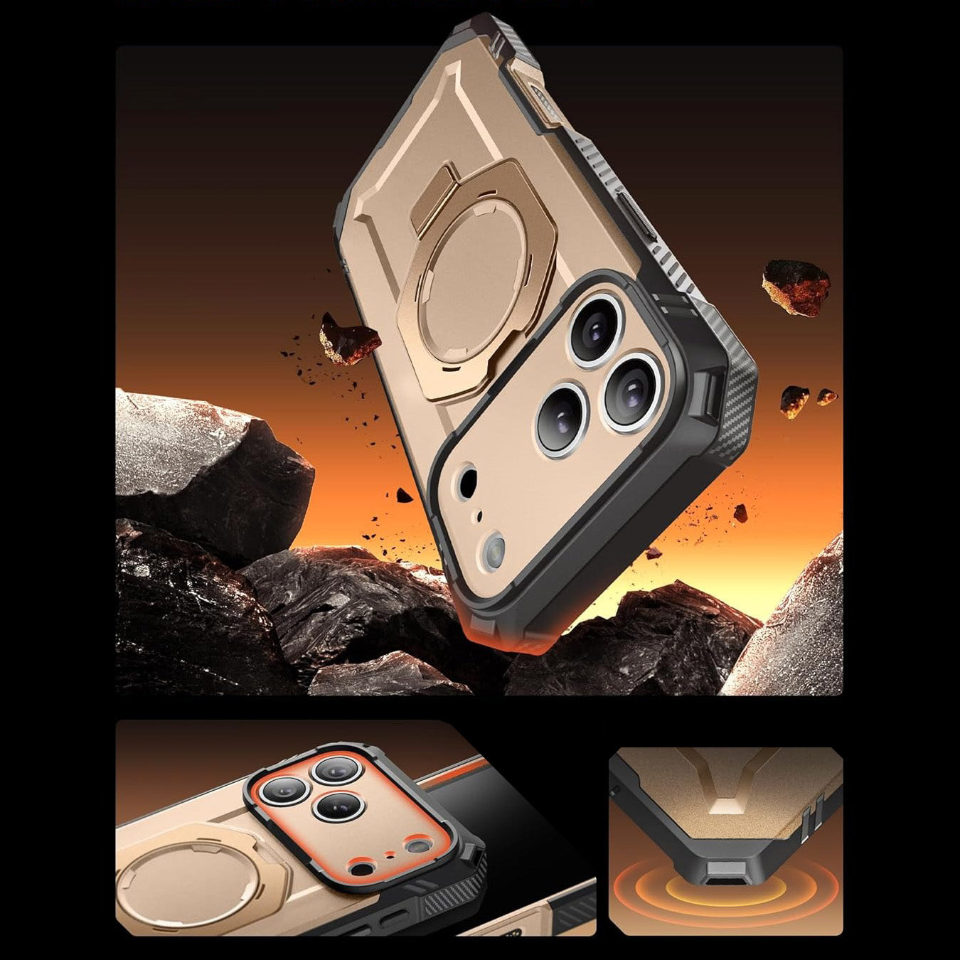 Handyhülle + Glas 9H für iPhone 17 Pro, Supcase UB Grip Pro Mag SPG (CC) mit MagSafe, Grau-Golden