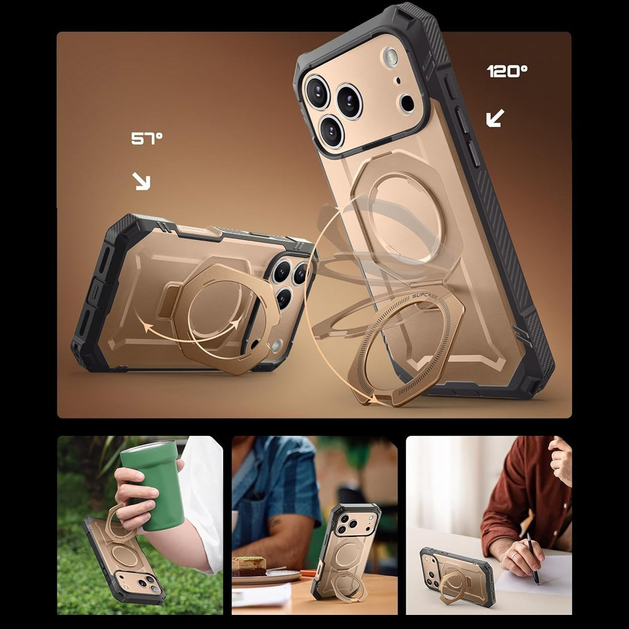 Handyhülle + Glas 9H für iPhone 17 Pro, Supcase UB Grip Pro Mag SPG (CC) mit MagSafe, Grau-Golden