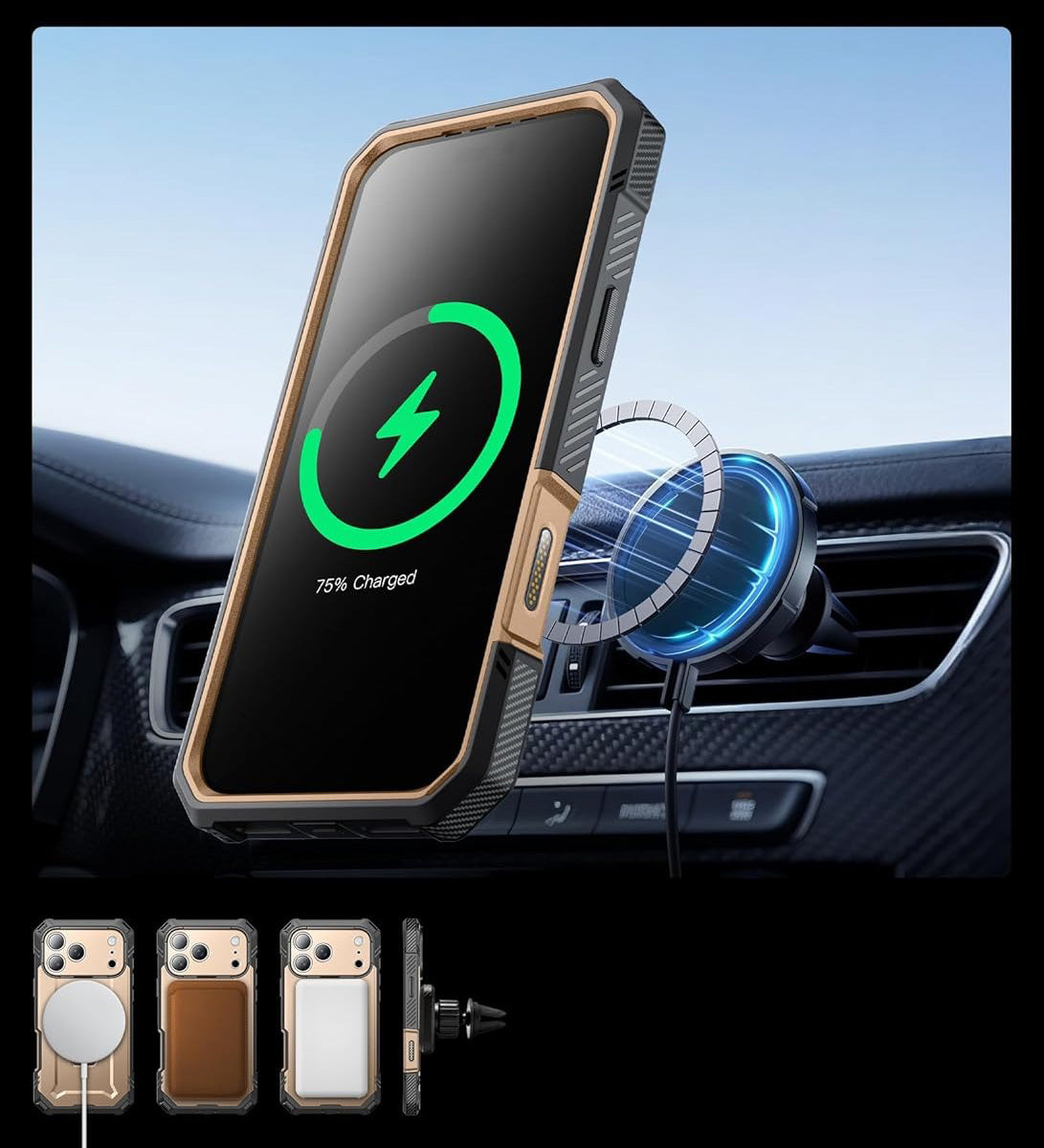 Handyhülle + Glas 9H für iPhone 17 Pro, Supcase UB Grip Pro Mag SPG (CC) mit MagSafe, Grau-Golden