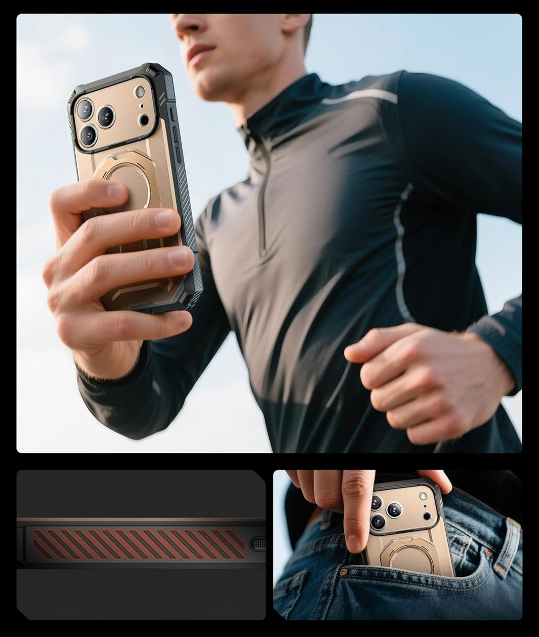 Handyhülle + Glas 9H für iPhone 17 Pro, Supcase UB Grip Pro Mag SPG (CC) mit MagSafe, Grau-Golden