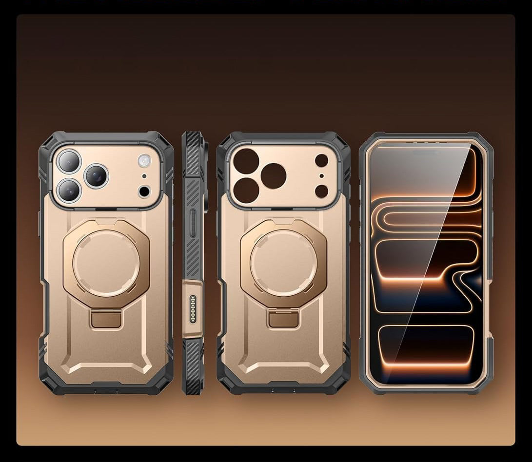 Handyhülle + Glas 9H für iPhone 17 Pro, Supcase UB Grip Pro Mag SPG (CC) mit MagSafe, Grau-Golden