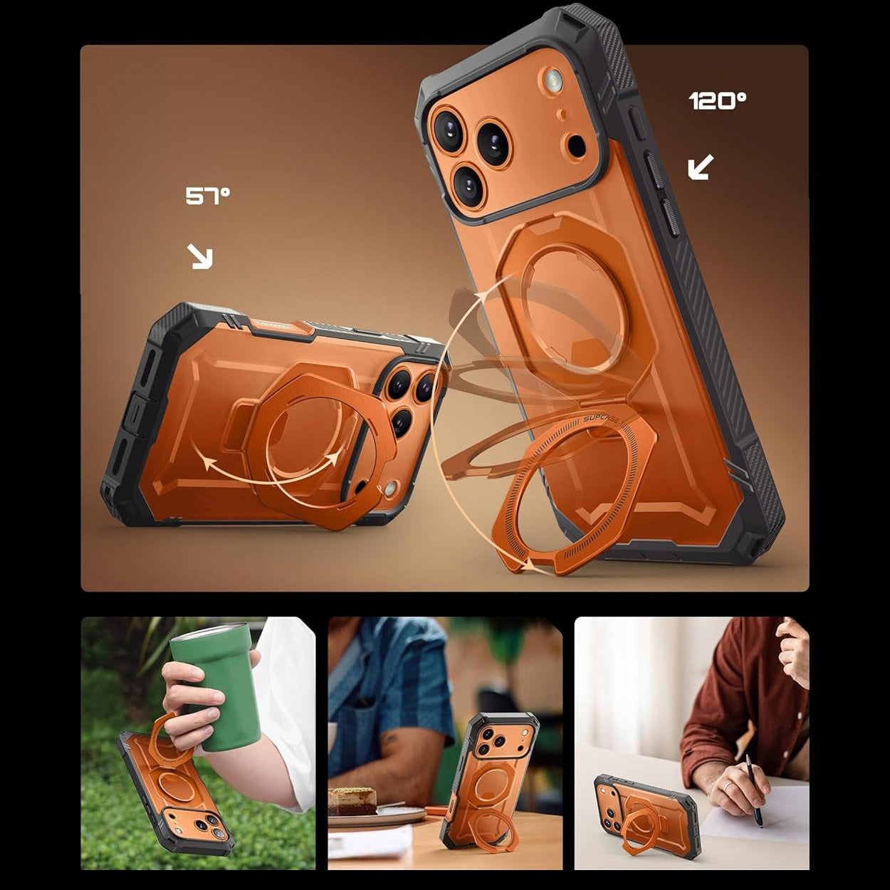 Handyhülle + Glas 9H für iPhone 17 Pro Max, Supcase UB Grip Pro Mag SPG (CC) mit MagSafe, Grau-Transparent-Orange