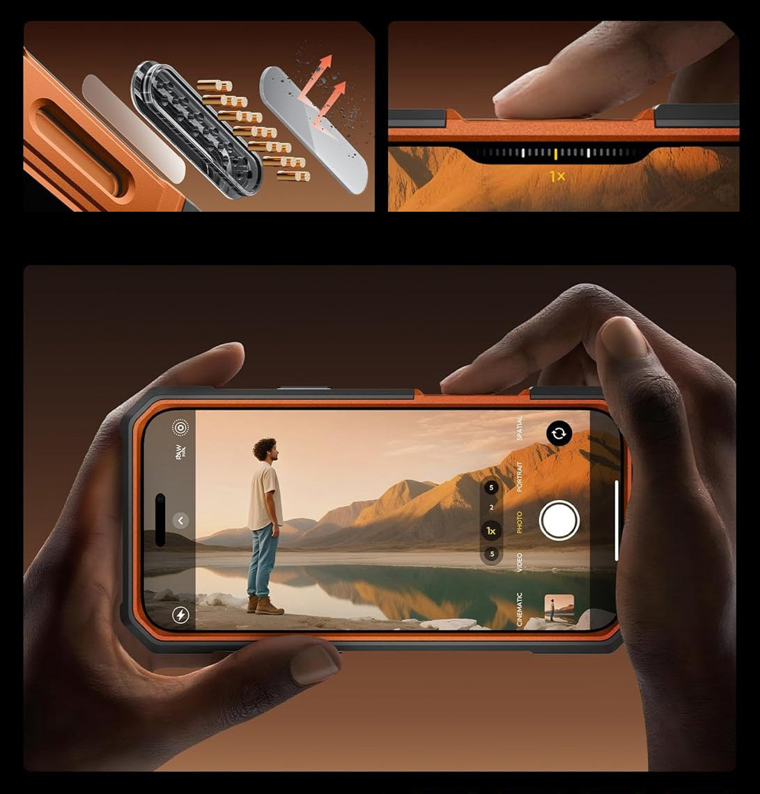 Handyhülle + Glas 9H für iPhone 17 Pro Max, Supcase UB Grip Pro Mag SPG (CC) mit MagSafe, Grau-Transparent-Orange
