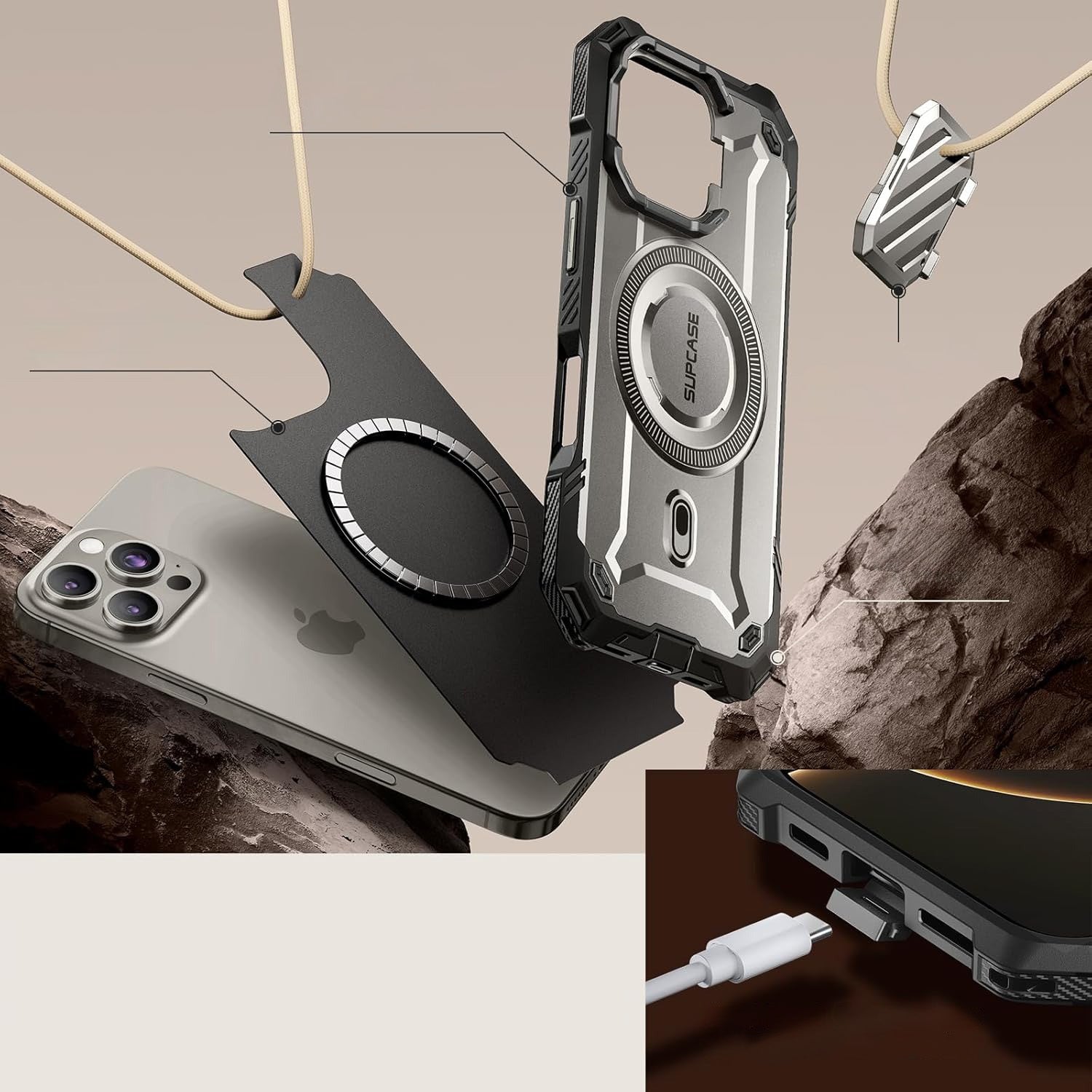 Handyhülle für iPhone 16 Pro, Supcase UB Mag XT mit MagSafe, Grau