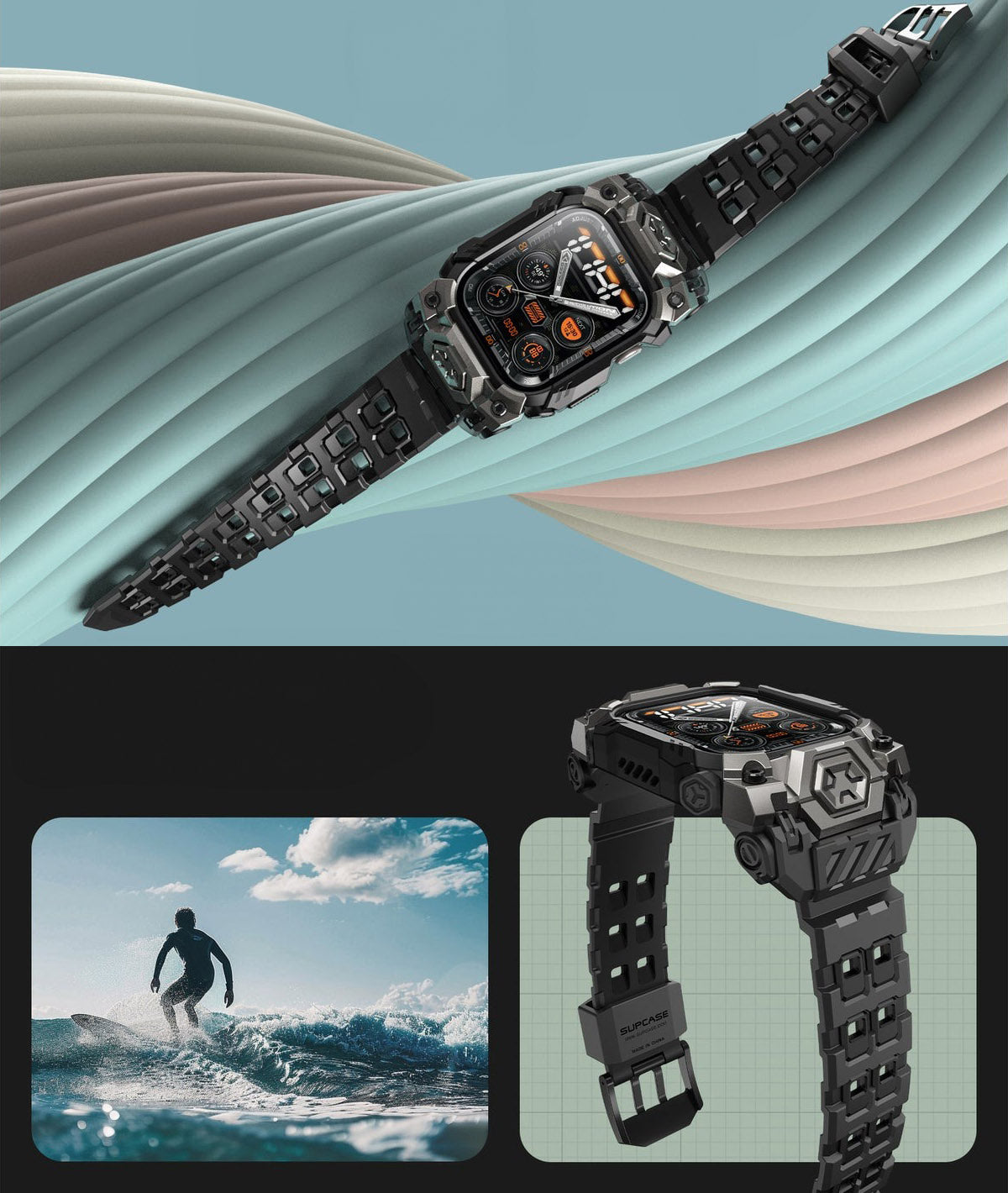 Schutzhülle mit Armband für Apple Watch 11 / 10 46mm, Supcase UB Ore, Schwarz-Grau