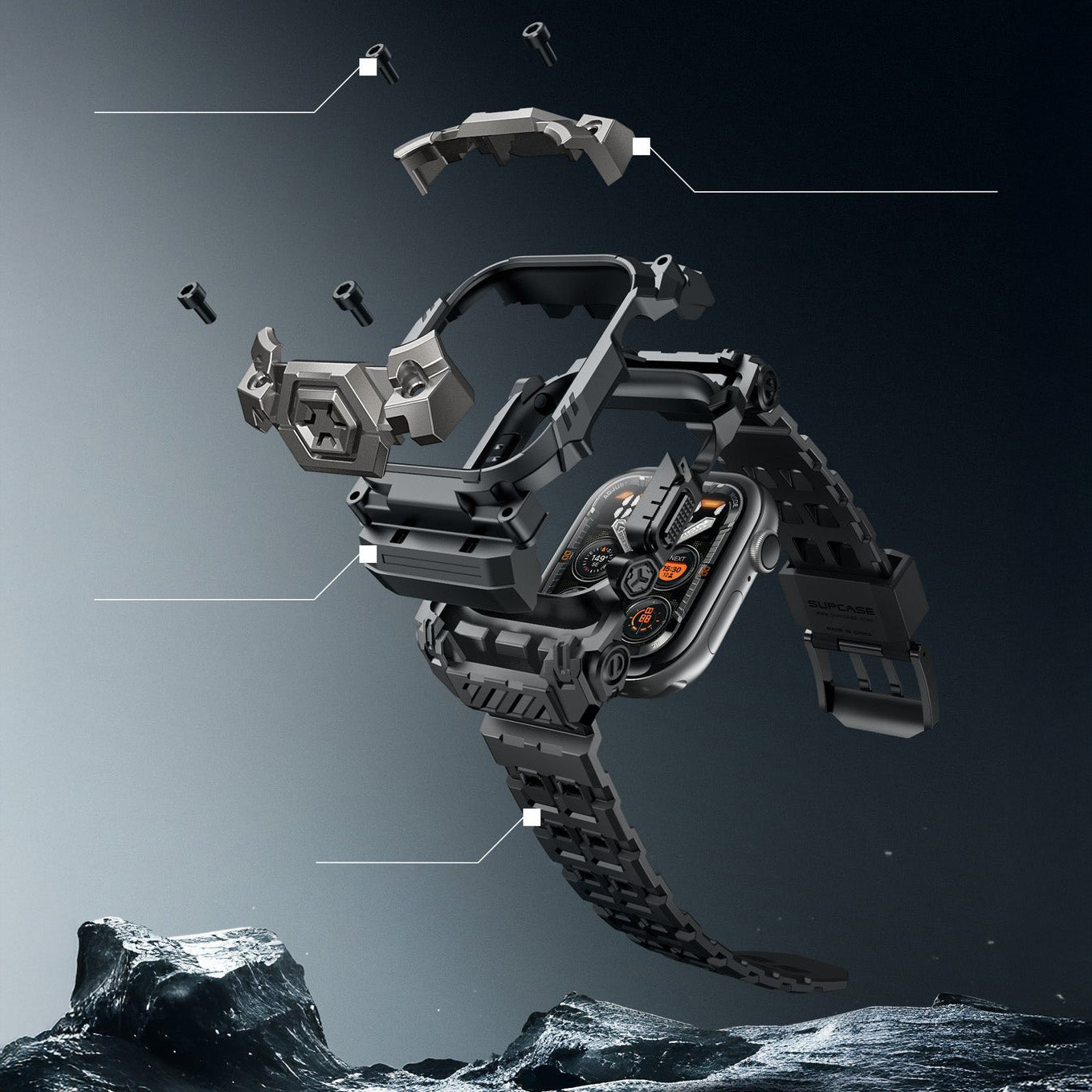 Schutzhülle mit Armband für Apple Watch 11 / 10 46mm, Supcase UB Ore, Schwarz-Grau