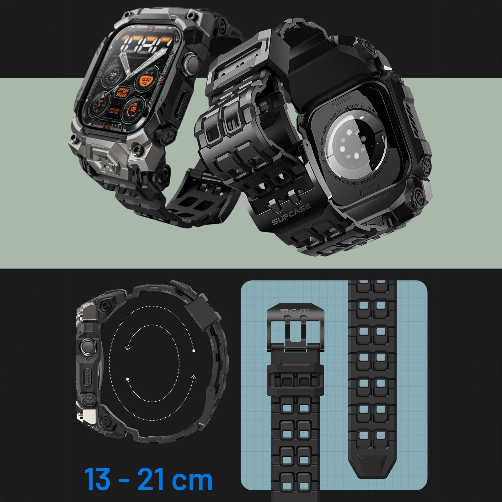 Schutzhülle mit Armband für Apple Watch 11 / 10 46mm, Supcase UB Ore, Schwarz-Grau
