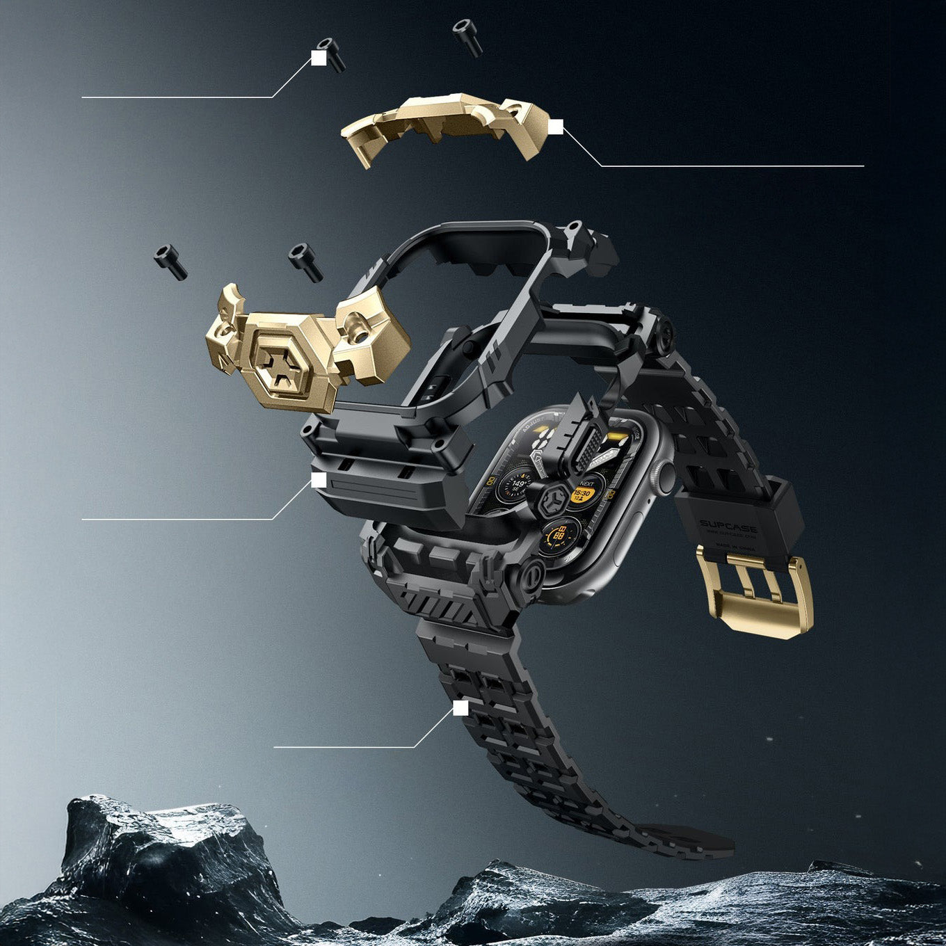 Schutzhülle mit Armband für Apple Watch 11 / 10 (46 mm), Supcase UB Ore, Schwarz-Golden
