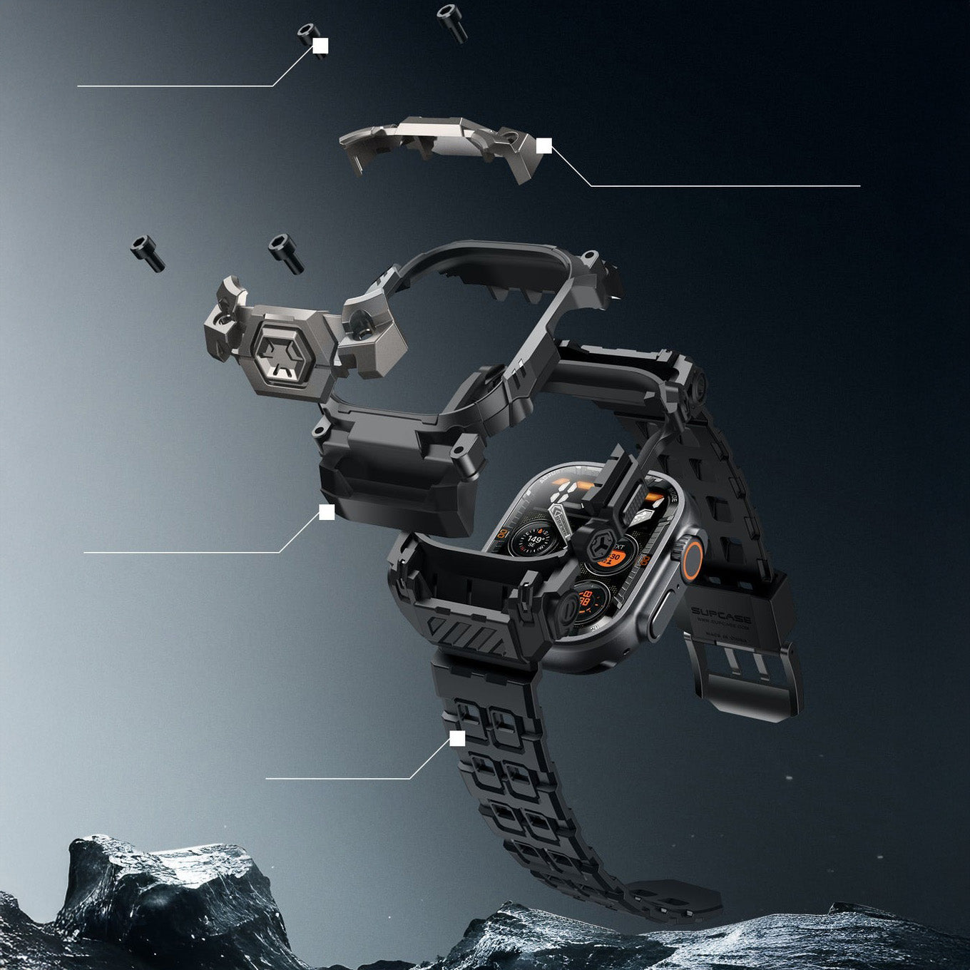 Schutzhülle mit Armband für Apple Watch Ultra 3/2/1 49mm, Supcase UB Ore, Schwarz-Grau