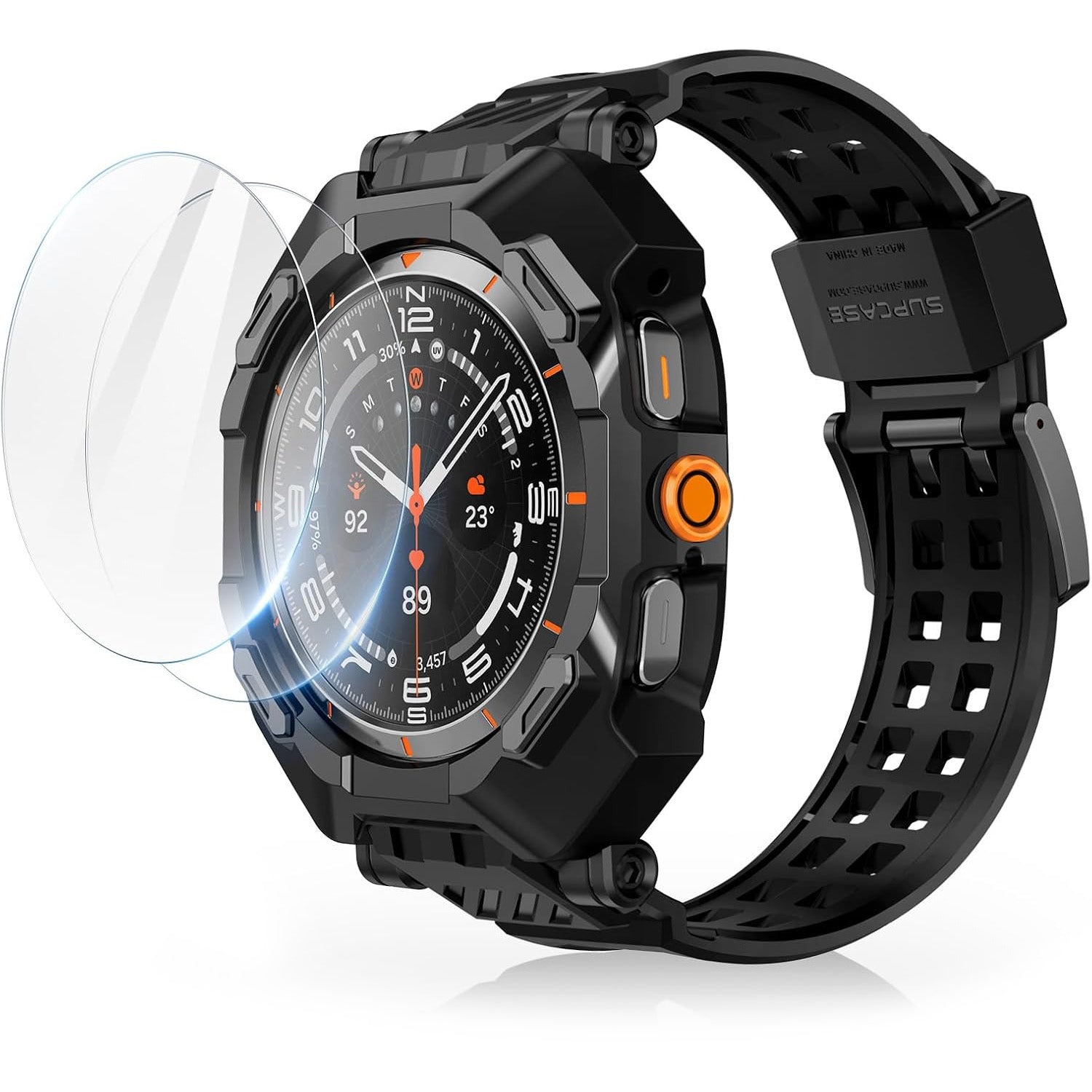 Schutzhülle mit Armband für Galaxy Watch Ultra 2 / 1, Supcase UB Pro + 2x Gehärtetes Glas, Schwarz