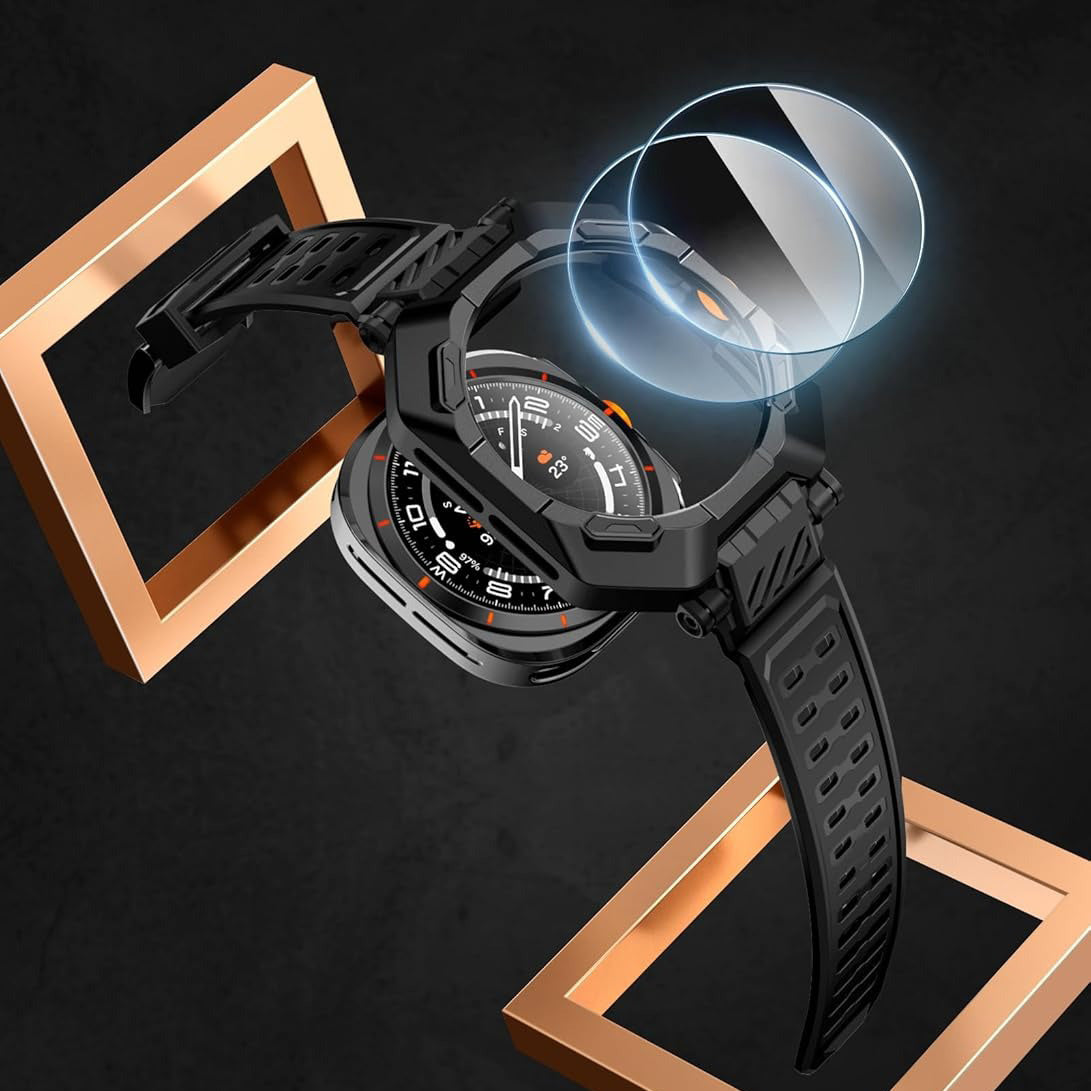 Schutzhülle mit Armband für Galaxy Watch Ultra 2 / 1, Supcase UB Pro + 2x Gehärtetes Glas, Schwarz