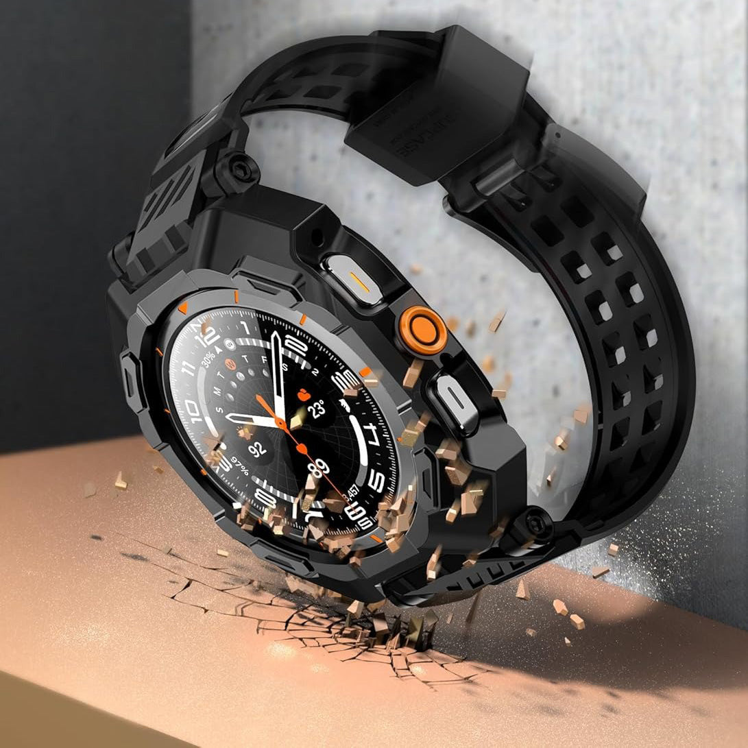 Schutzhülle mit Armband für Galaxy Watch Ultra 2 / 1, Supcase UB Pro + 2x Gehärtetes Glas, Schwarz