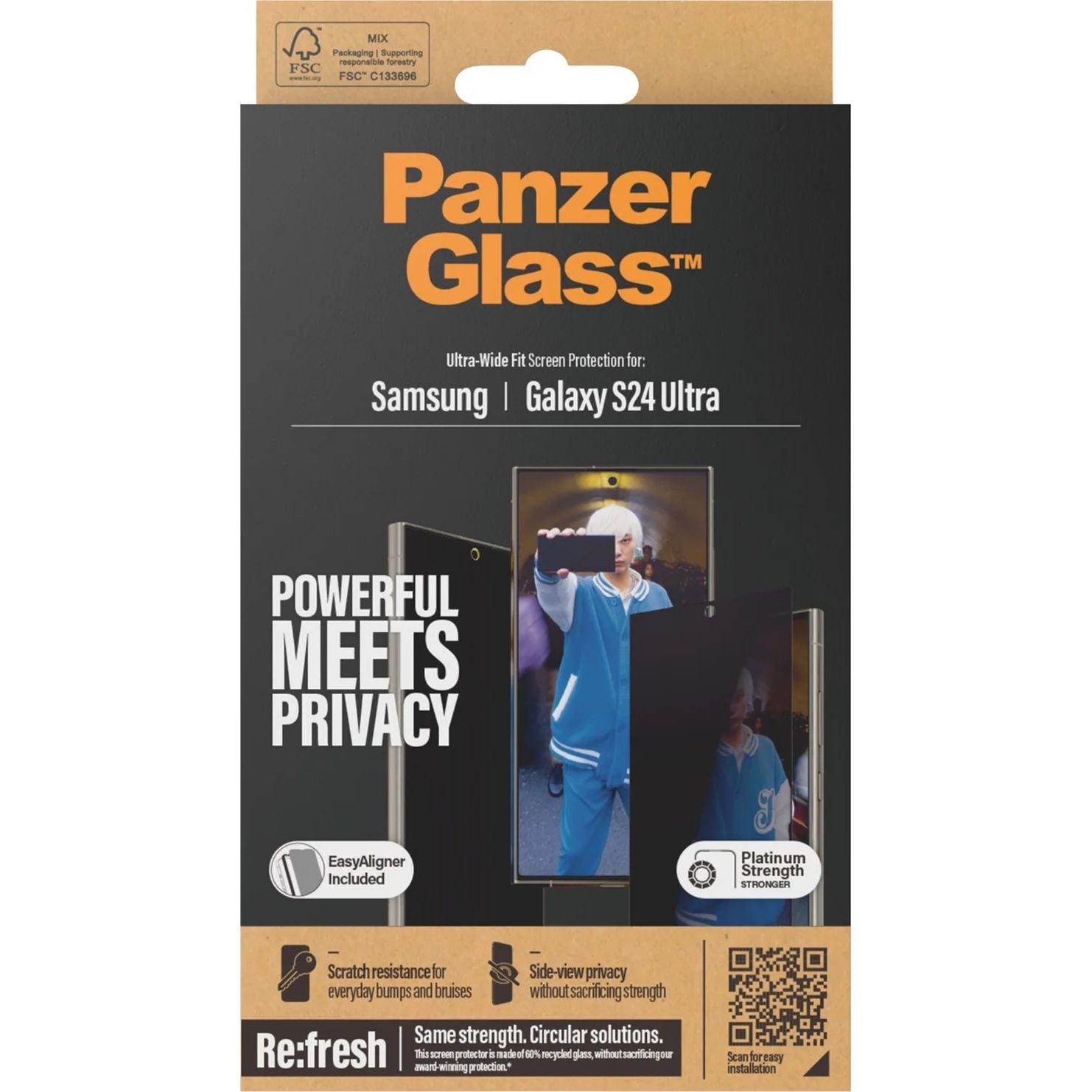 Gehärtetes Glas für Galaxy S24 Ultra für das gesamte Display PanzerGlass Ultra-Wide Fit Privacy + EasyAligner, Getönte mit schwarzer Rahmen