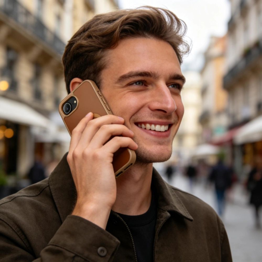 Handyhülle für iPhone 17e / 16e, Tech-Protect BasicMag mit MagSafe, mattes Rauchfarben mit braunem Rahmen
