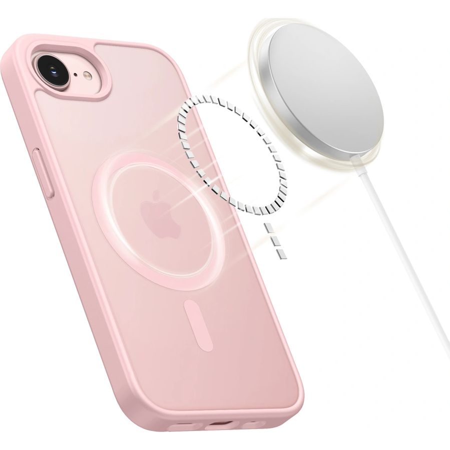 Handyhülle für iPhone 17e / 16e, Tech-Protect BasicMag mit MagSafe, mattes Rauchfarben mit rosa Rahmen