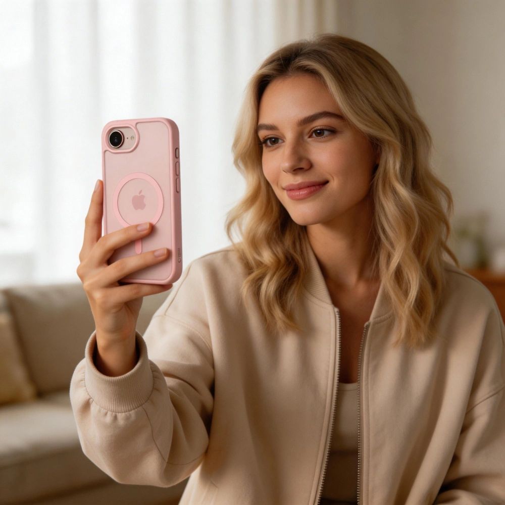 Handyhülle für iPhone 17e / 16e, Tech-Protect BasicMag mit MagSafe, mattes Rauchfarben mit rosa Rahmen