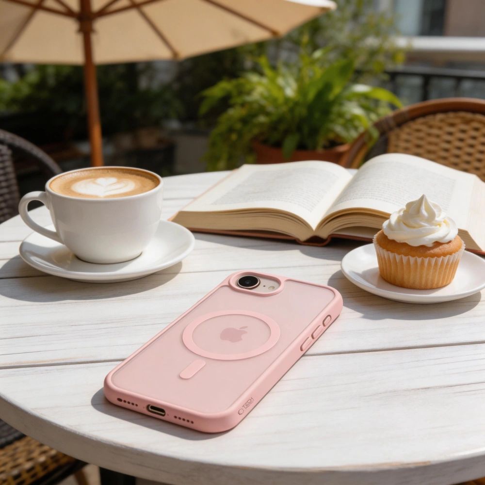 Handyhülle für iPhone 17e / 16e, Tech-Protect BasicMag mit MagSafe, mattes Rauchfarben mit rosa Rahmen