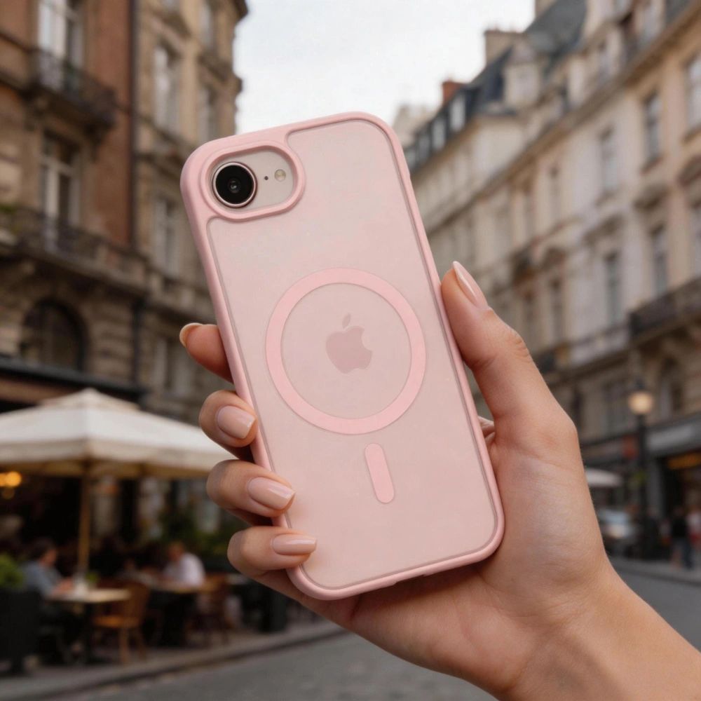 Handyhülle für iPhone 17e / 16e, Tech-Protect BasicMag mit MagSafe, mattes Rauchfarben mit rosa Rahmen