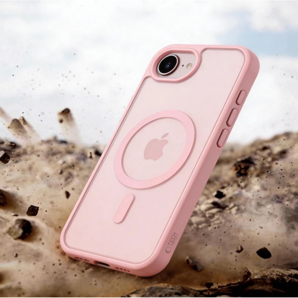 Handyhülle für iPhone 17e / 16e, Tech-Protect BasicMag mit MagSafe, mattes Rauchfarben mit rosa Rahmen