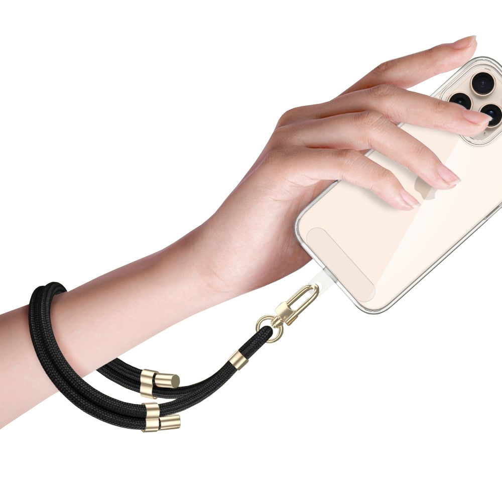 Umhängeband für Ihr Handy, Tech-Protect C4S Rope Wrist Strap, Schwarz mit Goldenen Elementen