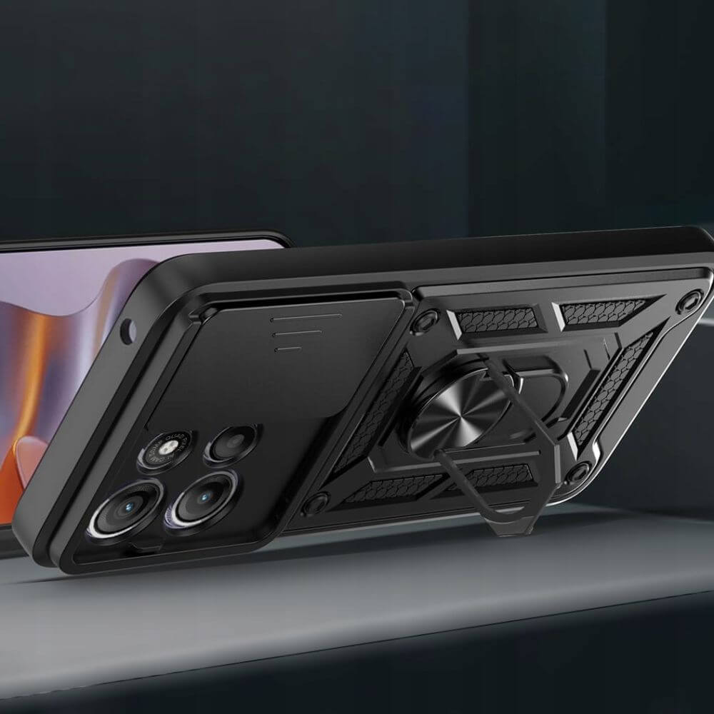 Handyhülle mit Ring für Motorola Moto G15, Tech-Protect Camshield Pro, Schwarz