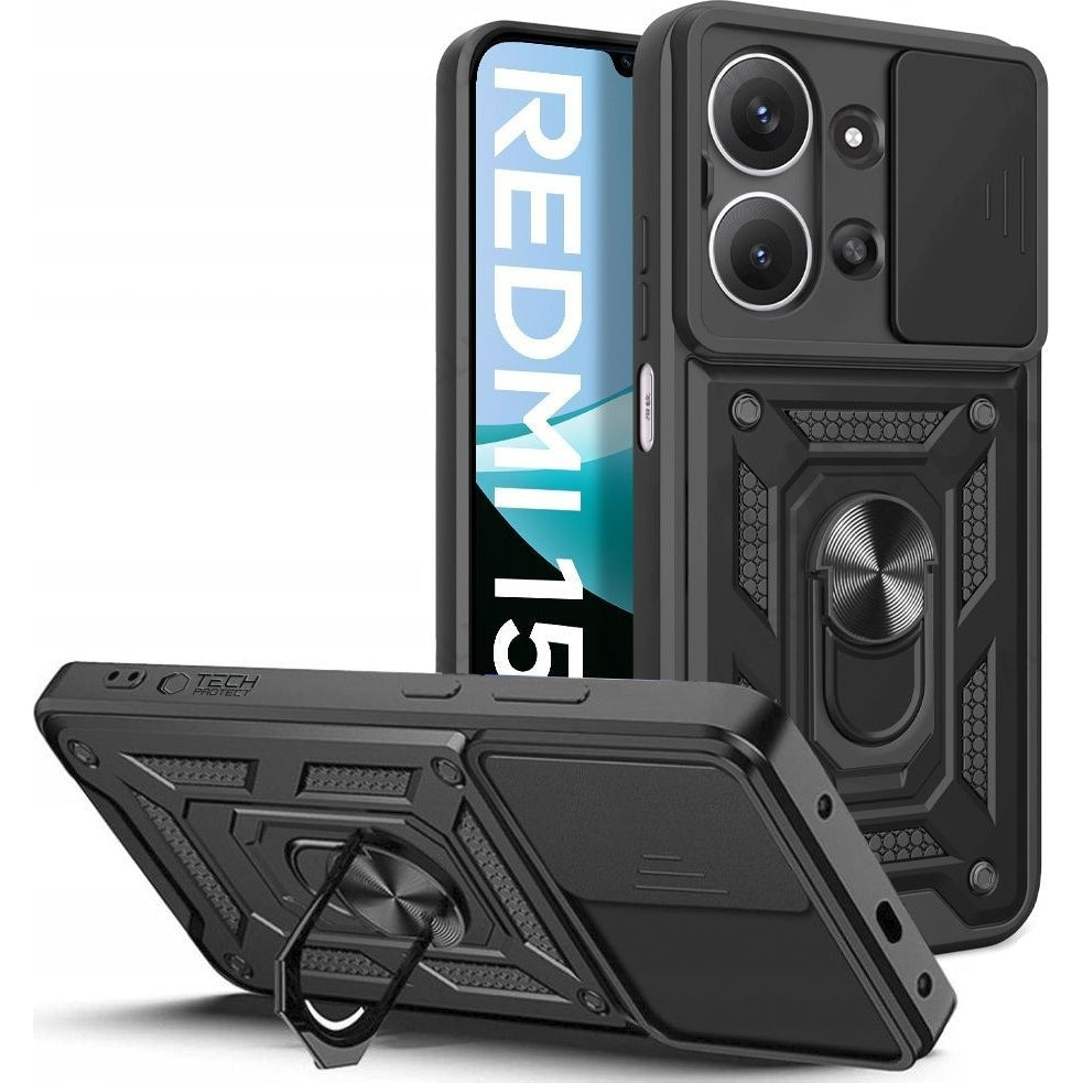 Handyhülle mit Ring für Xiaomi Redmi 15C, Tech-Protect Camshield Pro, Schwarz