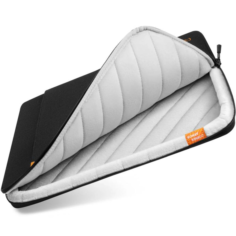 Tech-Protect Defender laptop sleeve open, protective interior for devices up to 14 inches, sleek black design.