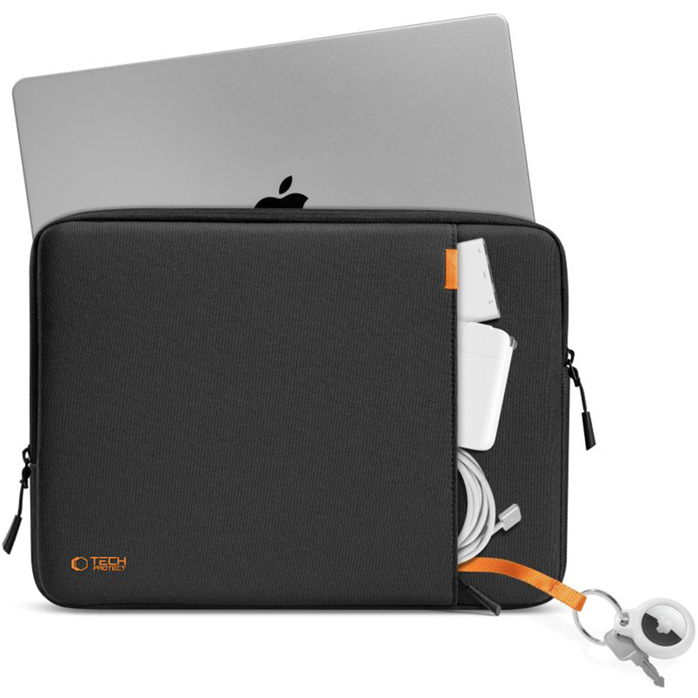 Schwarze Tech-Protect Defender Laptoptasche für 15-16 Zoll Geräte mit Laptop und Zubehör.