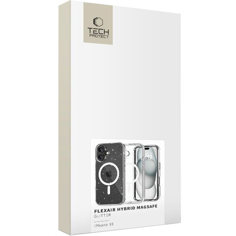 Handyhülle für iPhone 16, Tech-Protect Flexair Hybrid mit MagSafe, Transparent mit Glitzer