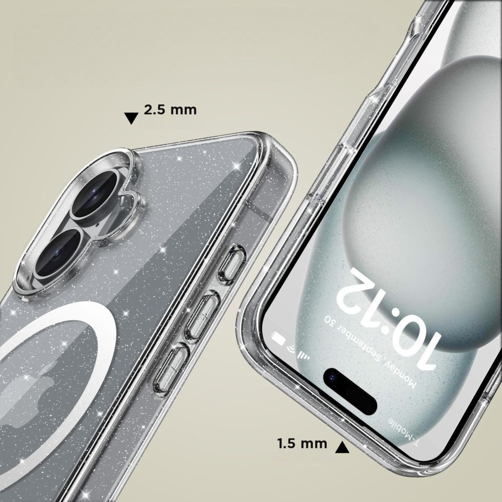 Handyhülle für iPhone 16, Tech-Protect Flexair Hybrid mit MagSafe, Transparent mit Glitzer