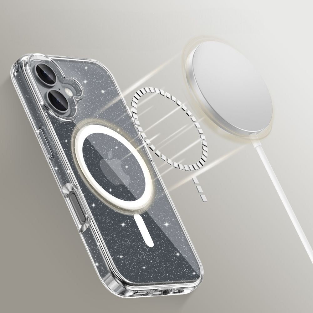 Handyhülle für iPhone 16, Tech-Protect Flexair Hybrid mit MagSafe, Transparent mit Glitzer
