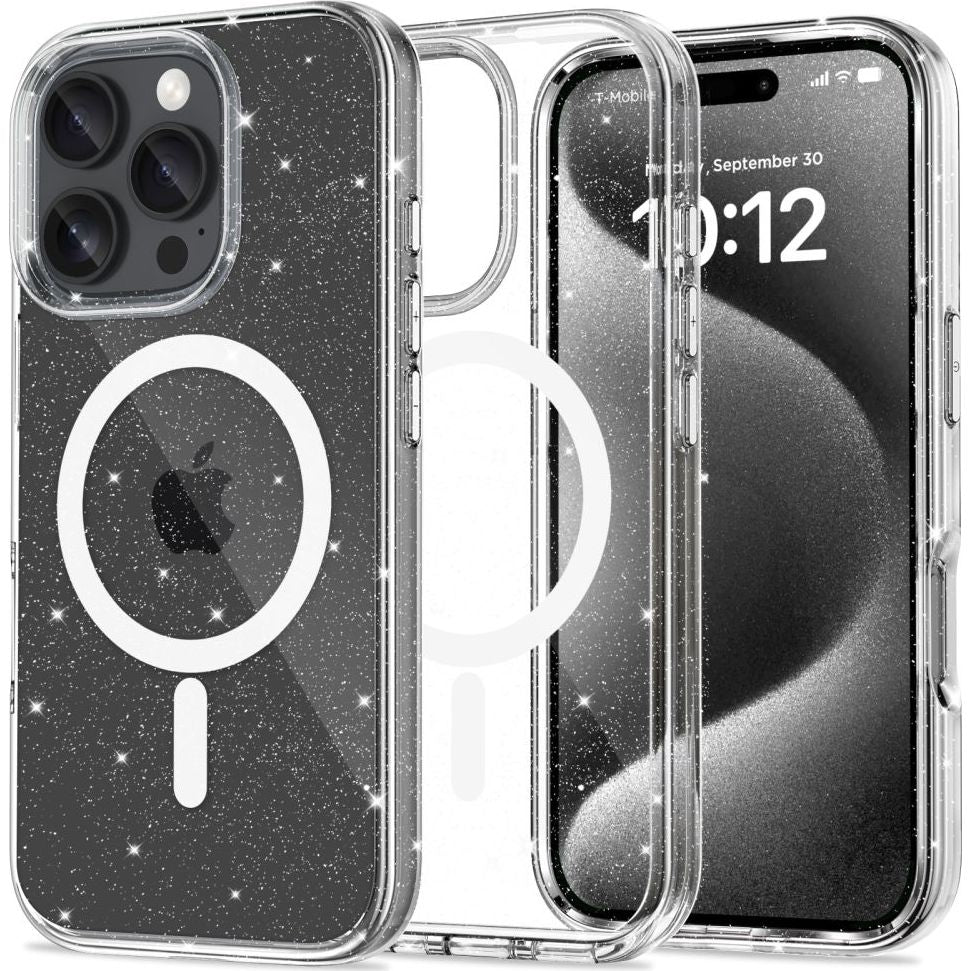 Handyhülle für iPhone 16 Pro, Tech-Protect Flexair Hybrid mit MagSafe, Transparent mit Glitzer