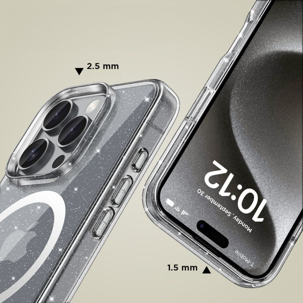 Handyhülle für iPhone 16 Pro, Tech-Protect Flexair Hybrid mit MagSafe, Transparent mit Glitzer