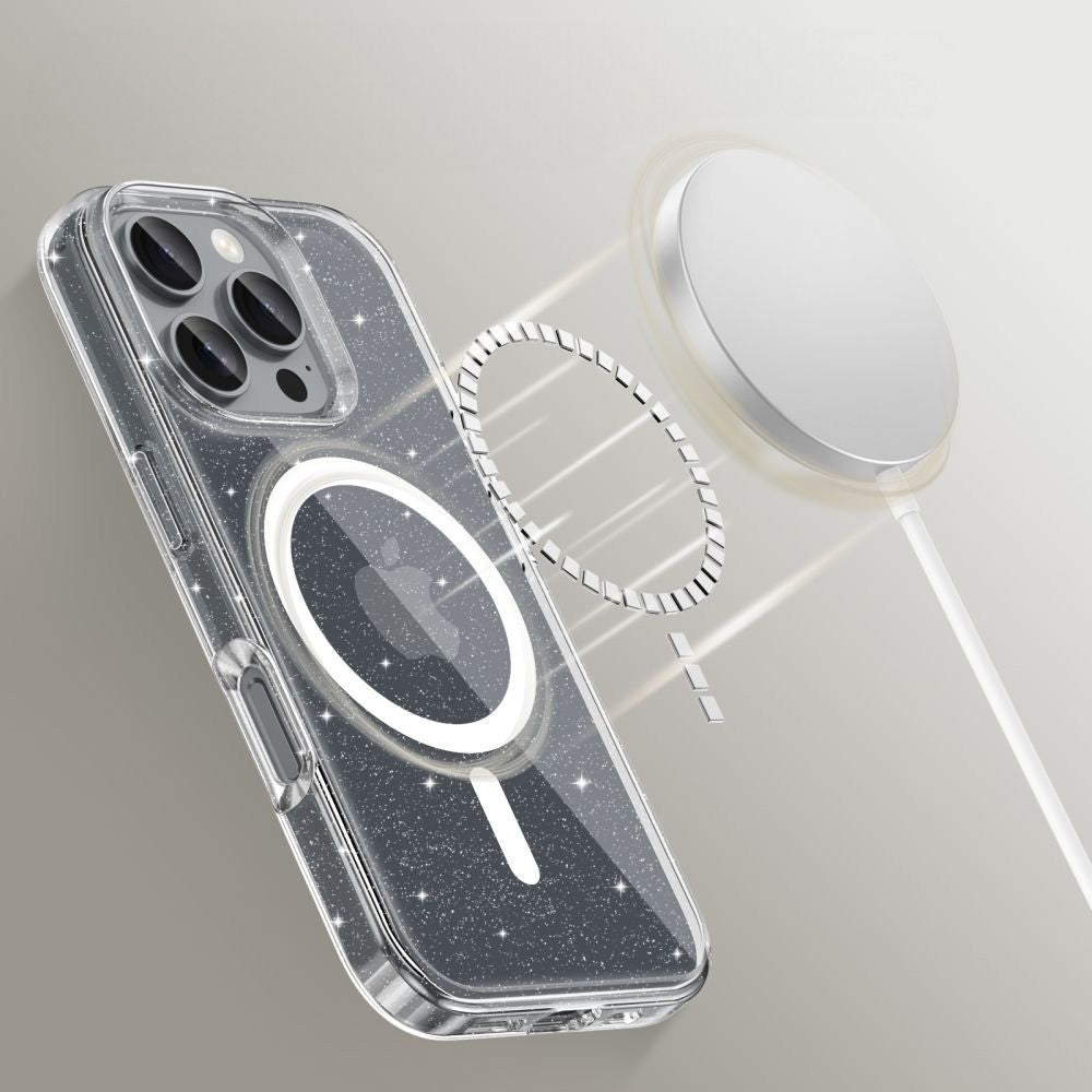 Handyhülle für iPhone 16 Pro, Tech-Protect Flexair Hybrid mit MagSafe, Transparent mit Glitzer